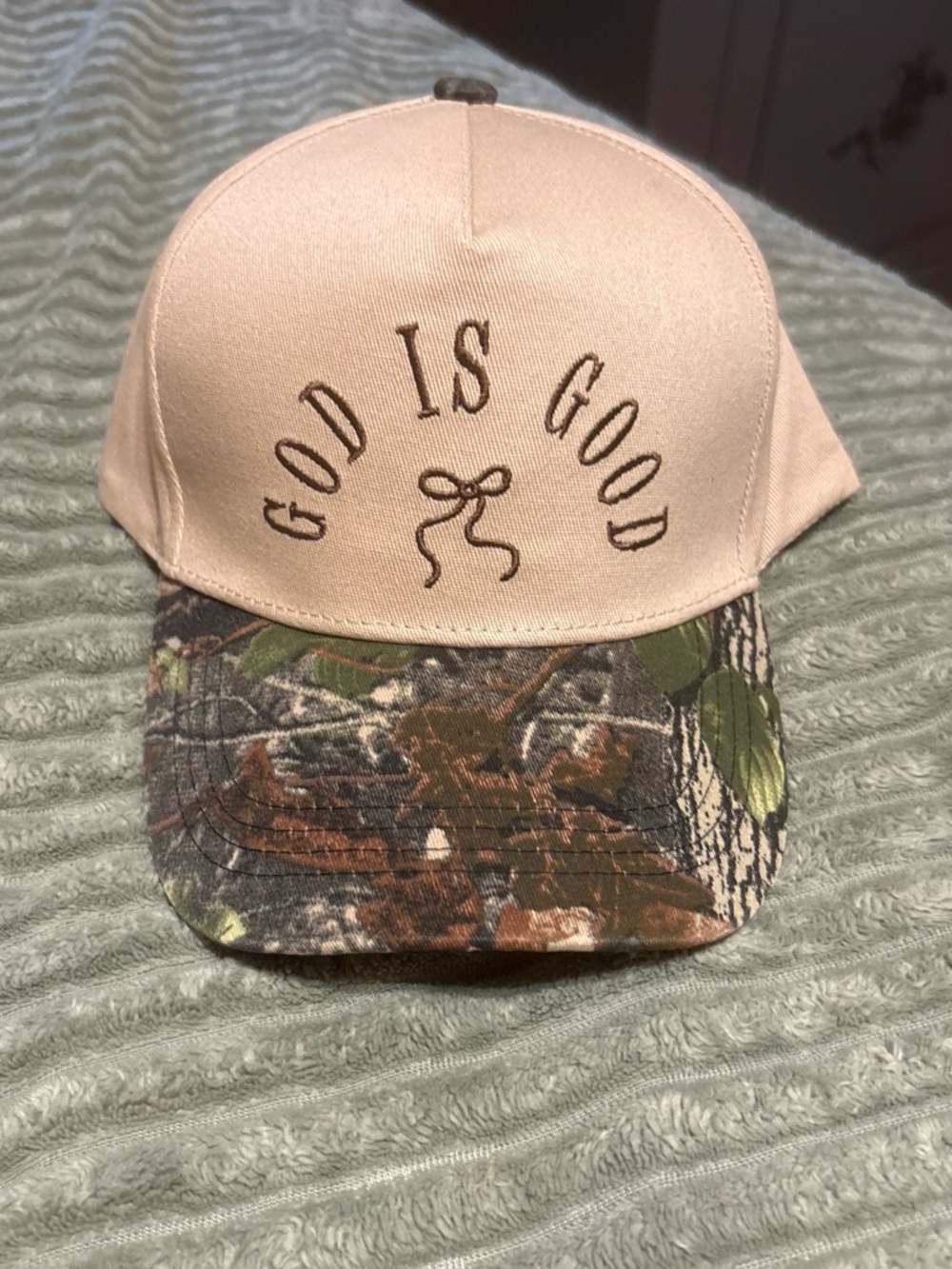 God Is Good Pink Trucker Cap with Camo Bill